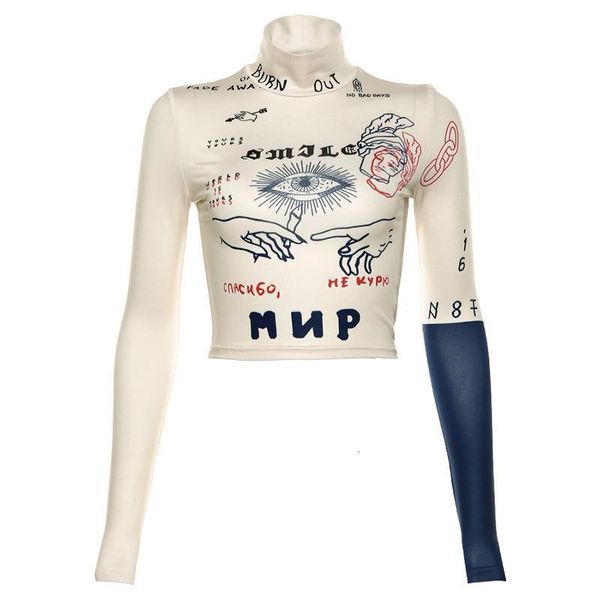 

fashion autumn new t-shirt women long sleeve turtleneck crop letters print slim shirt streetwear skinny tee shirt b889, White