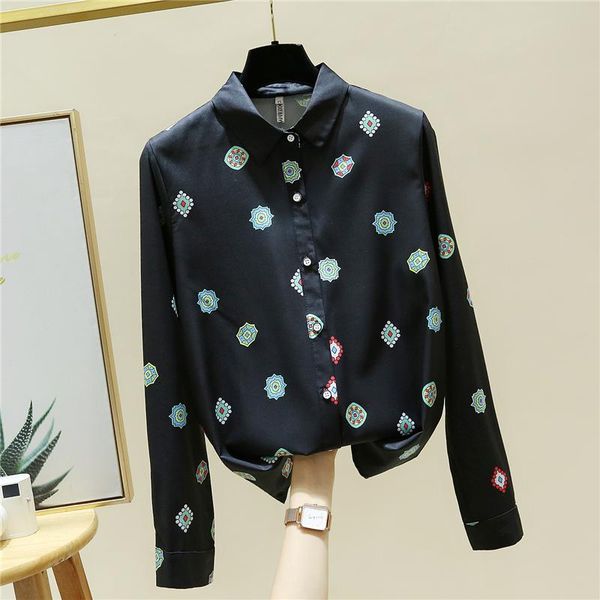 

2021 autumn fashion women's long sleeves turn down collar retro print shirts female office ladies shirt blouse a4033, White