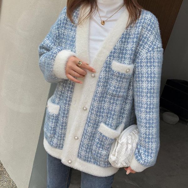 

women's knits & tees autumn winter sweater women fashion plus size loose casual coat korean plaid v-neck long cardigan knitted t477, White