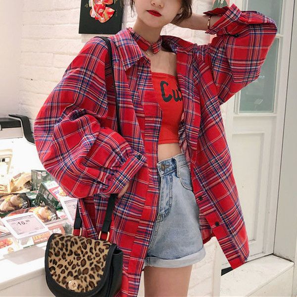 

summer 2021 spring loose plaid shirts (with tube printed letter) female new fashion long streetwear 5isj, White