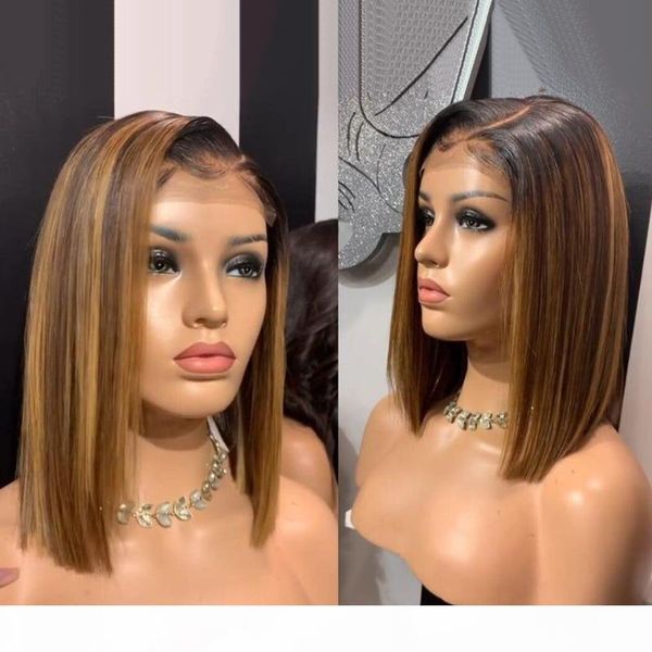 

4x4 кружева закрытие парик 150% honey blond highlight цвет короткий парик боб ombre человеческих волос для женщин бразильского malaysia remy, Black;brown