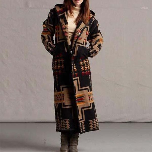 

autumn women's retro print long coat fashion vintage ethnic style geometry printed long sleeve plus size cotton jacket coat 20211, Black;brown