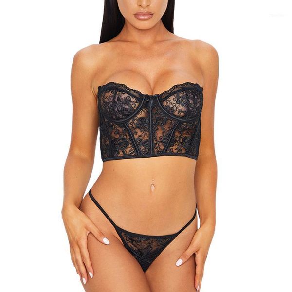 

2 pcs women exotic sets mesh see-through lace lingerie set, low-cut hollow out. sleeveless & flower embroidery thong1, Red;black