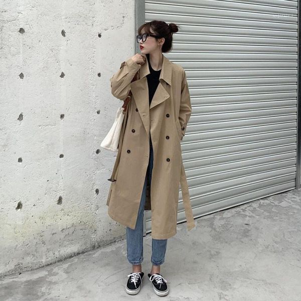 

spring coat 2020 new black windbreaker women's mid-length korean loose coats double breasted sashes girls trench r2921, Tan;black