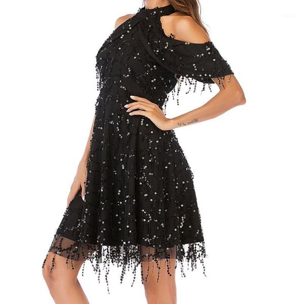 

2019 women sequined tassel ball dress cocktail party dress short sleeve lady elegant black lace vestidos1, Black;gray