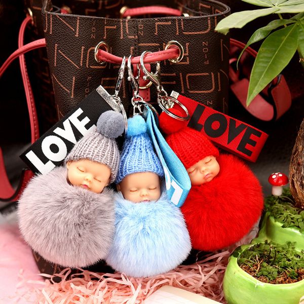 

ball plush fur cute love ribbon sleeping baby doll key chain cartoon bag pendant sbtg, Silver
