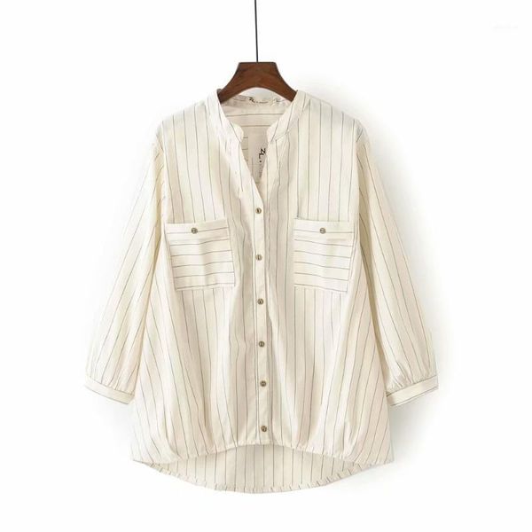 

plus size striped lantern sleeve cotton women blouse 2019 spring summer new casual v-neck pockets ladies shirts female 1, White