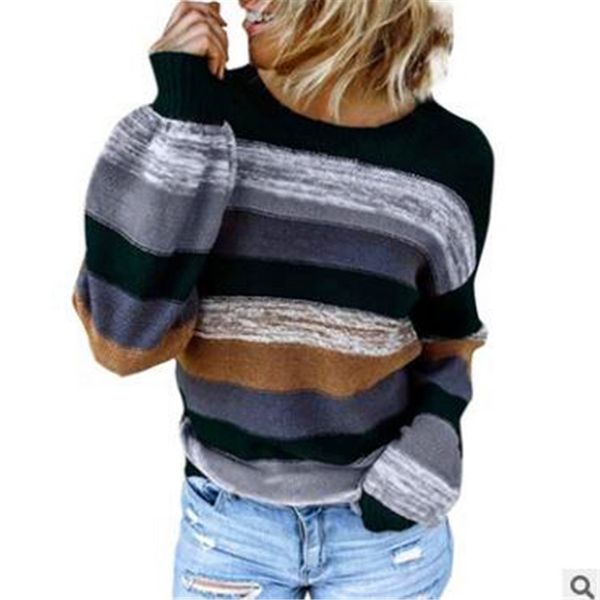 

женский красочный полосатый свитер осень с длинным рукавом вязать даму crew neck свободного свитер, White;black