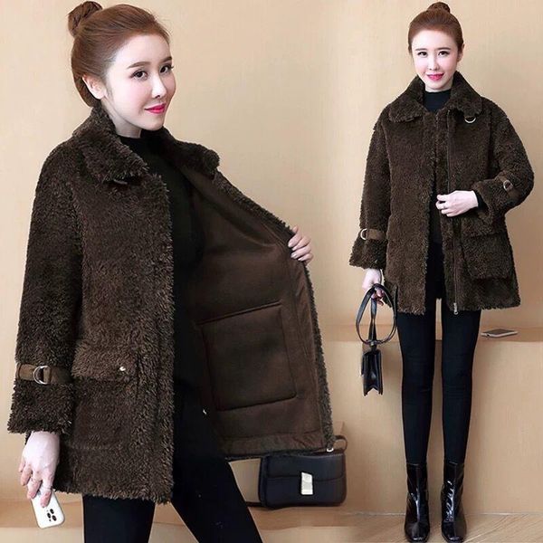 

women's fur & faux winter warm thick plaid jacket women double-faced lamb plush tooling outwear coat clothes, Black