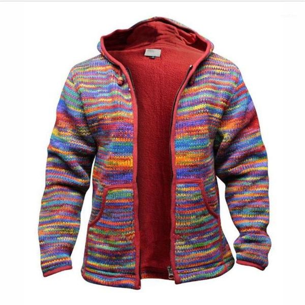 

autumn winter men cotton rainbow stripes long sleeve zipper hooded sweater streetwear vintage casual loose outerwear oversize1, White;black