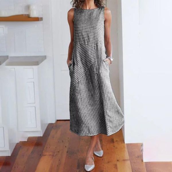 

women bohemian summer sleeveless striped midi dress lady casual pockets cotton line elegant o neck dress plus size1, Black;gray