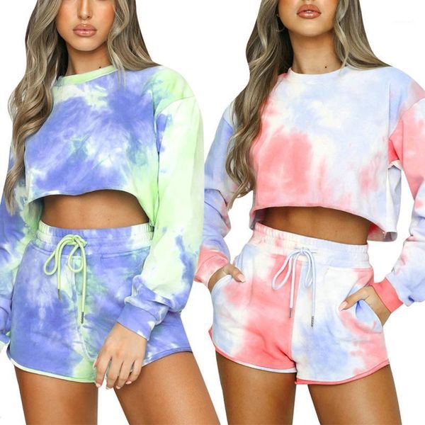 

two pieces sport set for women 2020autumn warm fashion casual loose tie dye pullover t-shirt&shorts set for fitness1, Black;blue