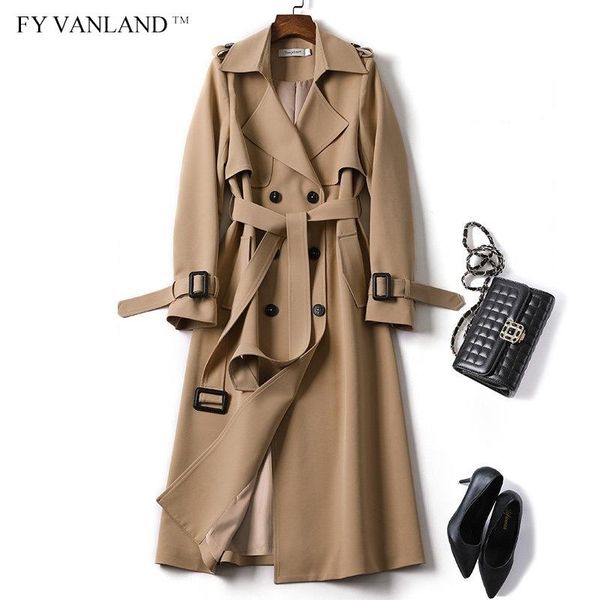 

fy vanland autumn winter women long trench coat long sleeve belt casual double breasted windbreaker fashion warm lapel female, Tan;black