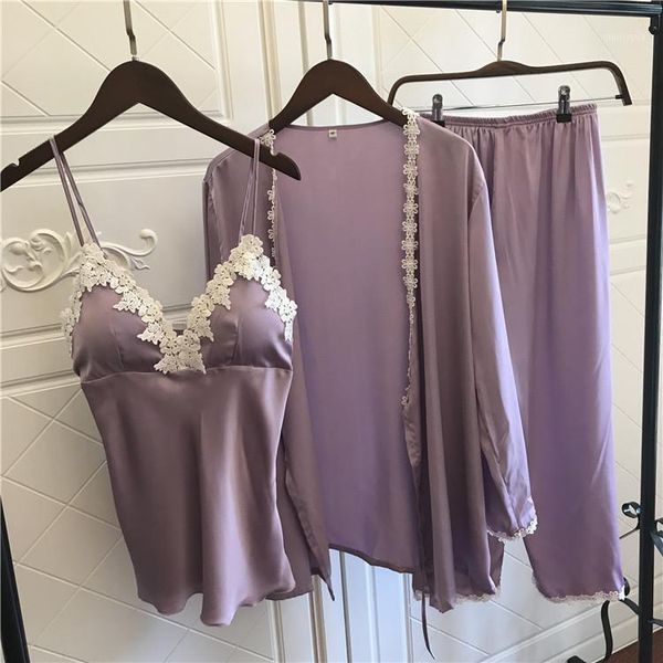 

lisacmvpnel 3 pcs ice silk woman pajama set nightgown+cardigan+long pant set lace female pajamas1, Black;red