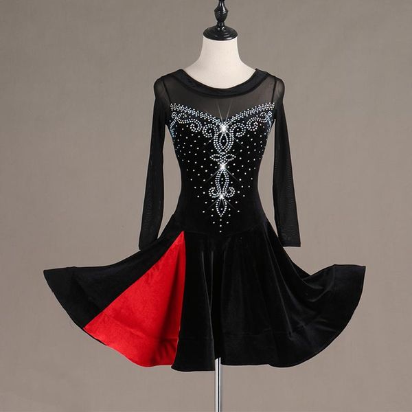 

latin dance dress women girls salsa samba dance costumes competition tango dress for women rhinestones ruffled hem, Black;red
