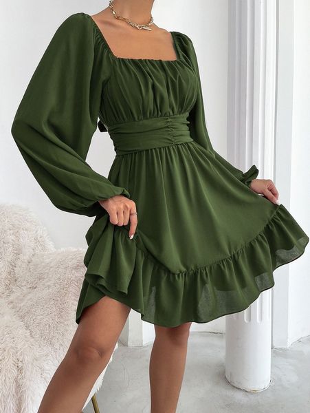 

knot back lantern sleeve ruffle hem dress 395b#, Black;gray