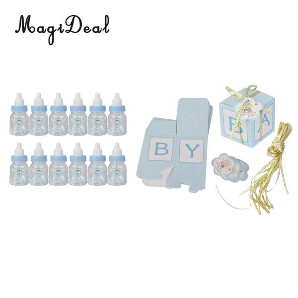 

12xblue candy boxes baby shower boy favors +12xmini fillable sweets bottles