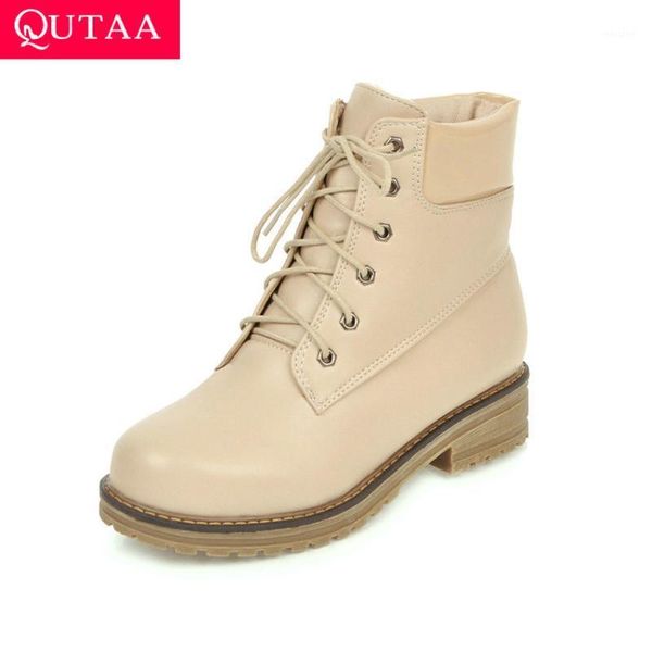 

boots qutaa 2021 square low heel women shoes round toe genuine leather+pu cool winter motorcycle casual ankle big size 34-431, Black