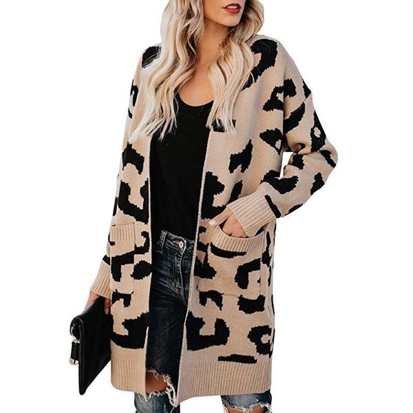 

sweater leopard women cardigan 2021 long double pocket leopard autumn and winter new europe warmn cardigans vestidos mmy77080, White;black