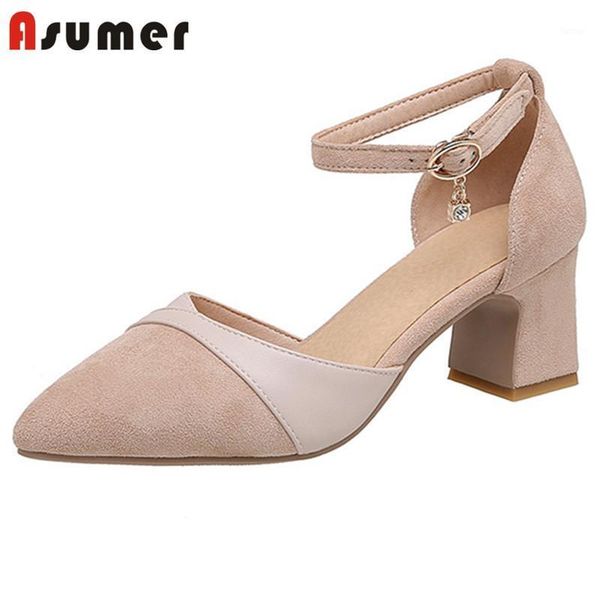 

asumer 2020 classic casual party shoes ladies high heel single shoes pointed toe buckle flock spring summer women pumps1, Black