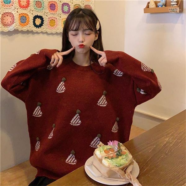 

winter korean ugly christmas sweater women loose clothes cute embroidery hat pull femme knitted sweaters kawaii lady jumper red1, White;black