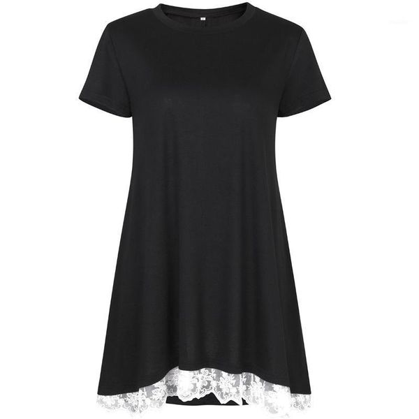 

2020 new women's shirt short sleeve round neck stitching lace t-shirt black1, White