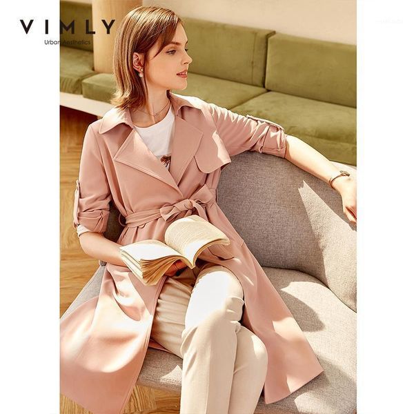 

vimly autumn women's trench coat fashion turn down collar solid double breasted with belt pocket long jackets female f06291, Tan;black