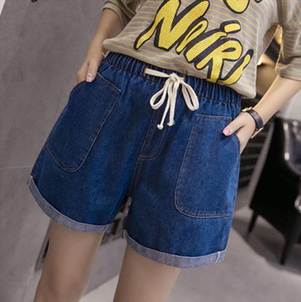 

2020 new women shorts streetwear summer denim shorts mid waist jeans short plus size hole cowboy straight jeans, Blue