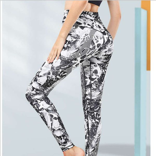 

new style yoga women's printed high waist elastic tight hip lifting exercise pants nude fitness running capris, Gray