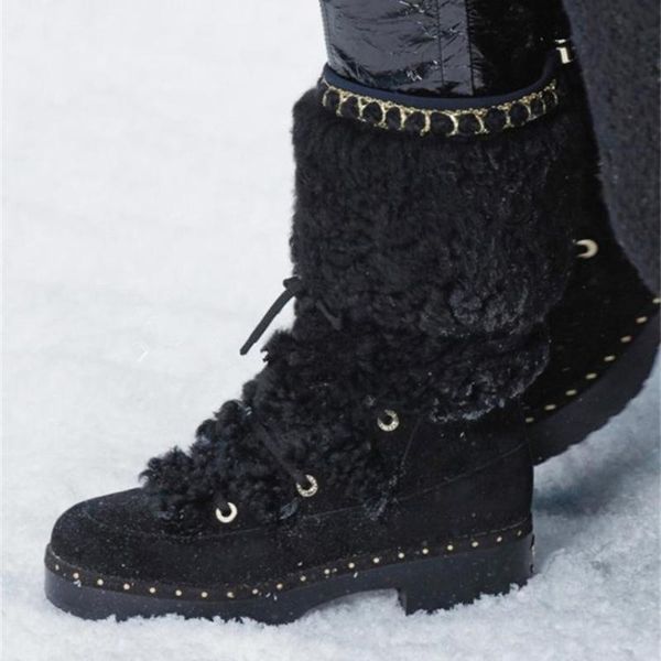 

new winter warm snow boots women real furs ankle boots woman lace-up nature leather chain decoration zapatos de mujer 2021, Black