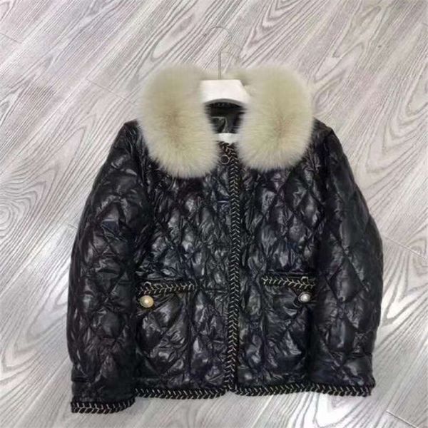 

winter new down jacket european and american women short diamond lattice slim fur collar white duck thick down coat elegant style size s-l, Black