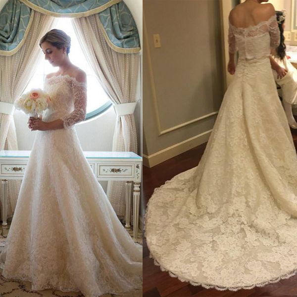 

ivory 2 шт. кружева свадебное платье с рукавами без плеча a-line vestidos de novia с тренировкой свадебные платья онлайн, White