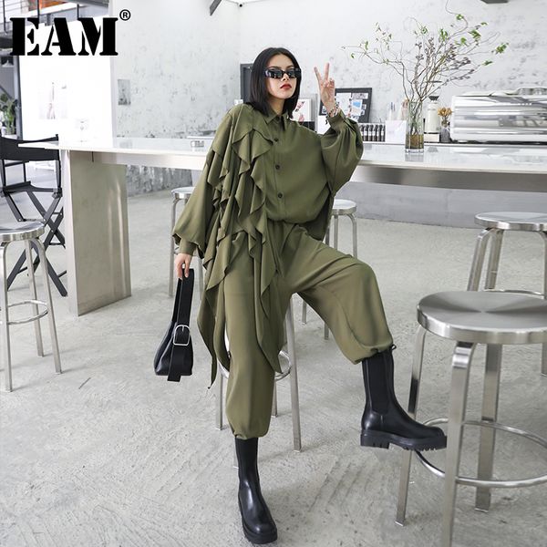 

[eam] wide leg pants ruffles big size two piece suit new lapel long sleeve black loose women fashion spring autumn 2020 lj201120, White