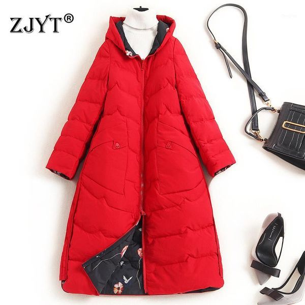 

fashion women winter warm down jackets and coats hooded print long parkas elegant lady outerwear1, Black