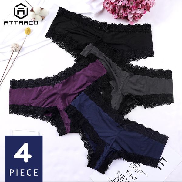 

attraco women underwear thong lace g string panties tanga briefs lingerie nylon bow tie mid waist cozy 4 pack 201112, Black;pink