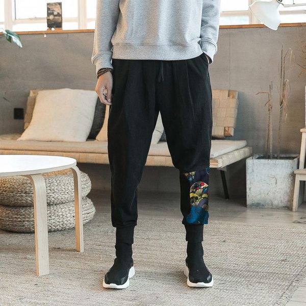 

men's pants neploha casual oversize black spring summer chinese style man cotton linen trousers male graphic printed