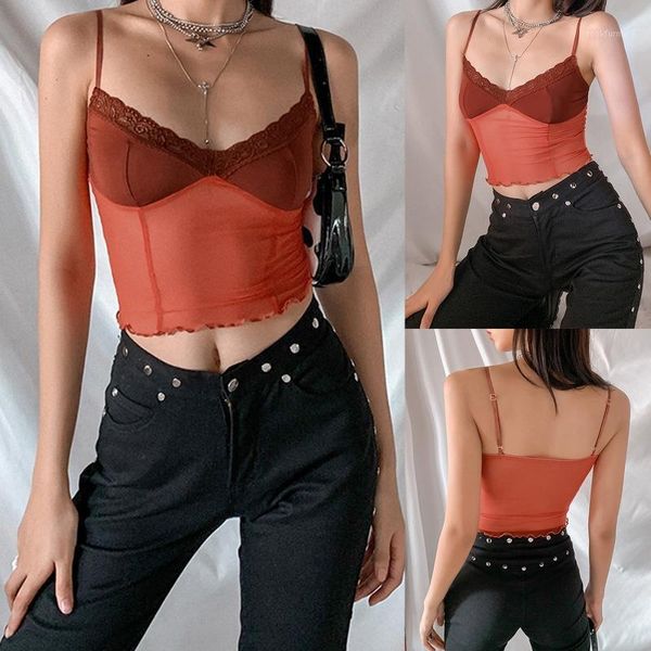 

spaghetti strap crop deep v-neck lace splicing slim camisole ruffles hem see-through mesh sling vest clubwear1, White
