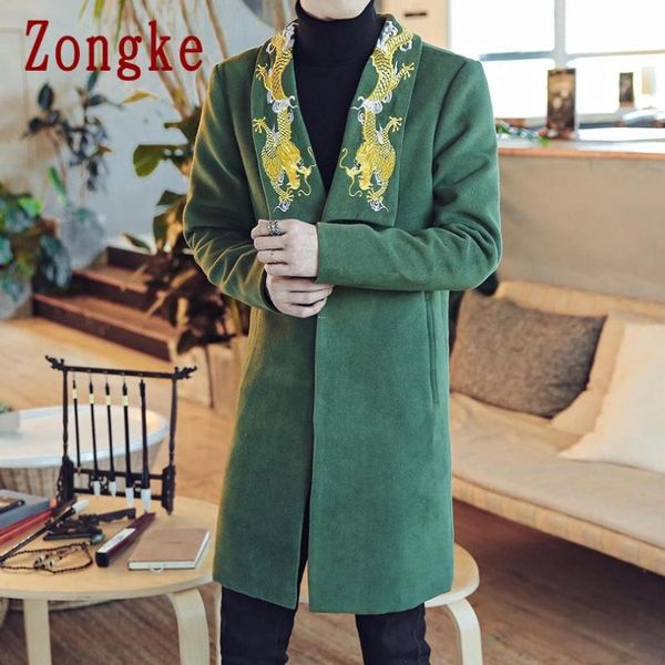 

men's wool & blends zongke men chinese style coats winter long coat jacket 2021 overcoat trench m-5xl, Black