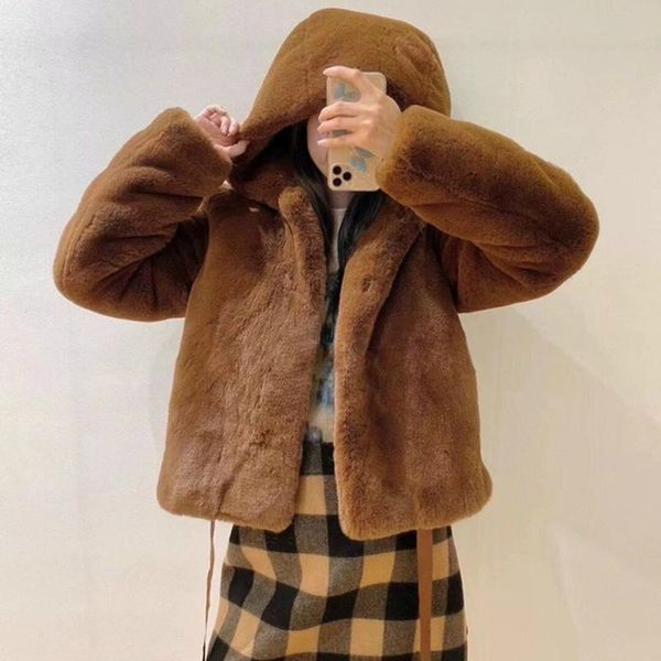 

women's fur & faux women winter plush coat warm clothes french brand long-sleeved hooded female, Black