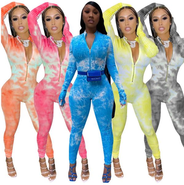 

womens jumpsuit onesies fashion tie dyed print slim bodysuit long sleeve zipper rompers ladies casual long pant one piece clothing p697, Black;white