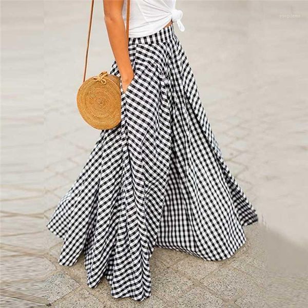 

2020 summer plaid check midi skirt vintage party pleated skirts women casual elastic waist swing sundress female vestidos1, Black