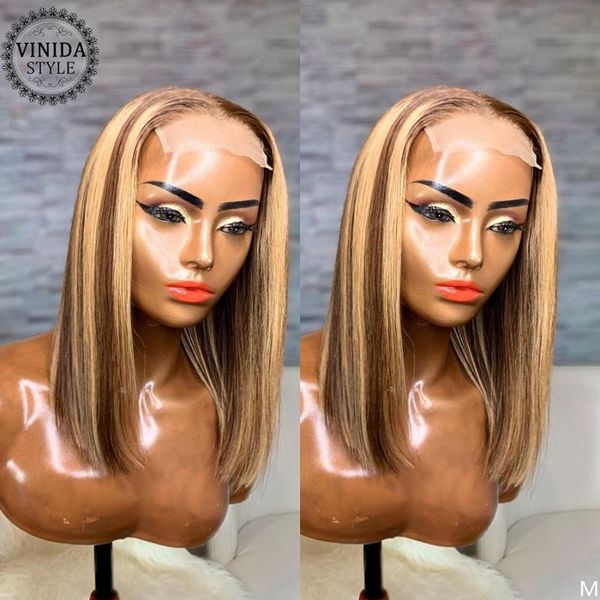 

vinida style highlight bob t-part lace front human hair wigs scalp closure wigs 130% density with baby hair non-remy, Black;brown