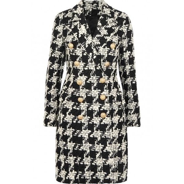 Высокое качество Новый стильный дизайнер шерстяные пальто женские двубортные кнопки лев Houngstooth Tweed длинное пальто 201218