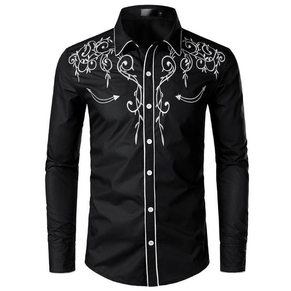 

stylish western cowboy shirt men brand design embroidery slim fit casual long sleeve shirts mens wedding party shirt for male, White;black