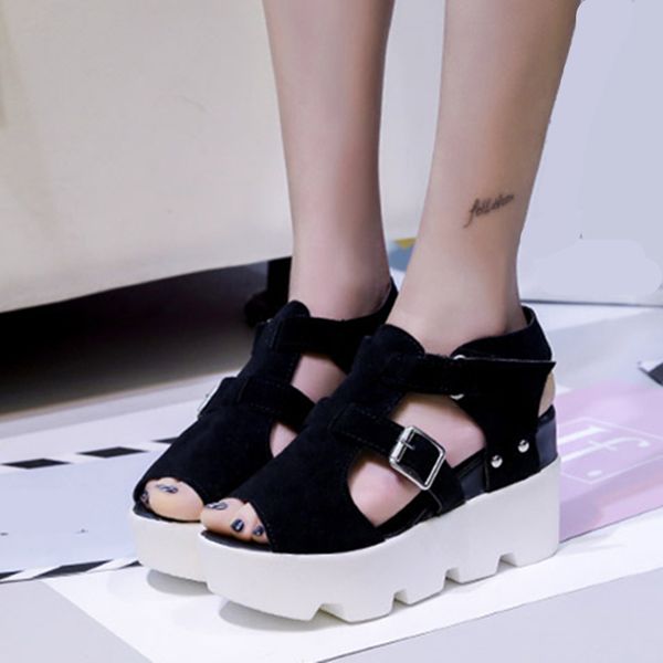 

platform sandals shoes women summer style high heel casual open toe platform gladiator trifle sandals wedges shoes for women, Black