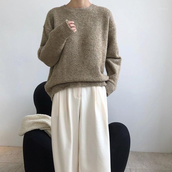 

autumn and winter women's sweater casual solid color round neck long sleeve loose sweater1, White;black