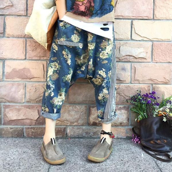 

qpfjqd women vintage flower print elastic waist baggy low-crotch trousers pockets patchwork long pantalon streetwear cross pants1, Blue