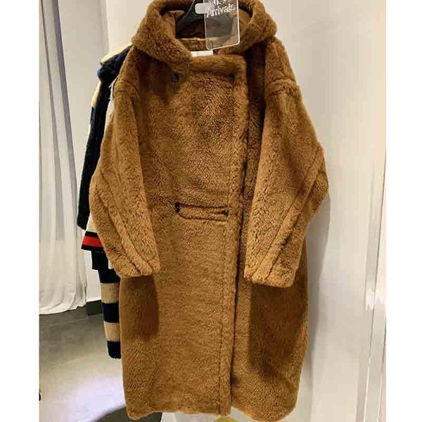 

cosmicchic 2020 winter hooded long coat women teddy bear parka tobacco double breasted alpaca wool fur women outwear fashion, Black