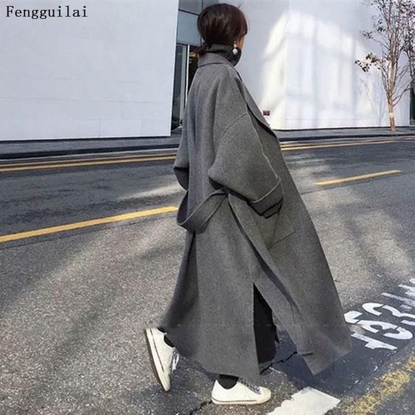 

women's wool & blends women elegant long coat with belt solid color sleeve chic outerwear ladies overcoat autumn winter, Black