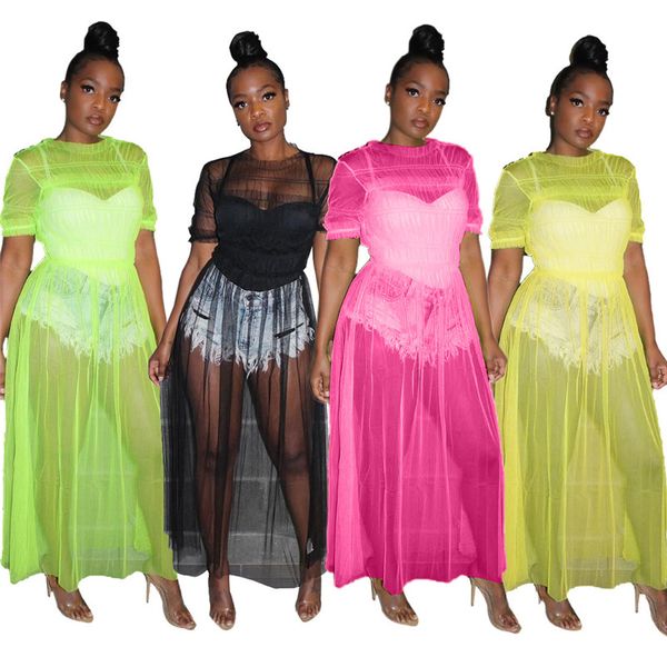 

see through mesh tulle cloak short sleeved blouse with wood ears dresses womennightclub party dress, Black